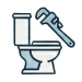 Toilet and wrench icon for clog removal and new toilet installation
